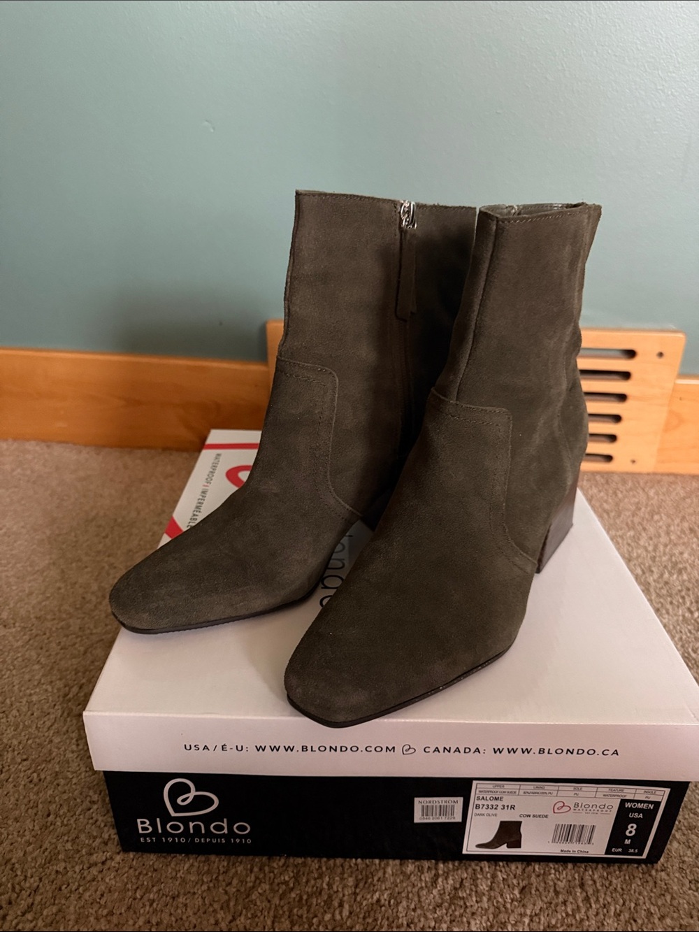 Blondo Olive Suede Block Heel Ankle Waterproof Boots